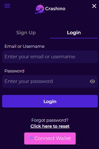 Crashino login screen